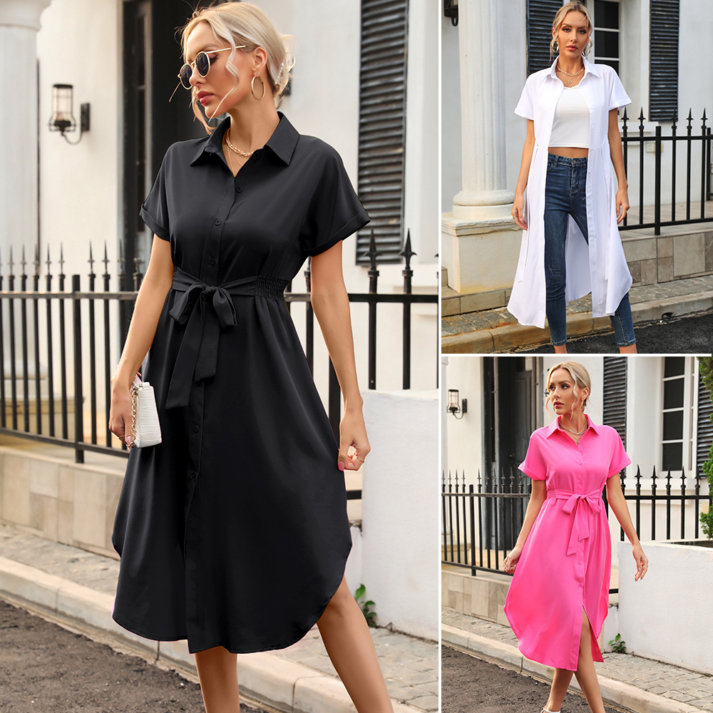 Shirt Dress women's Roll sleeve short sleeve belt mid skirt women's summer New Amazon European and American Foreign trade cross-border women's clothing