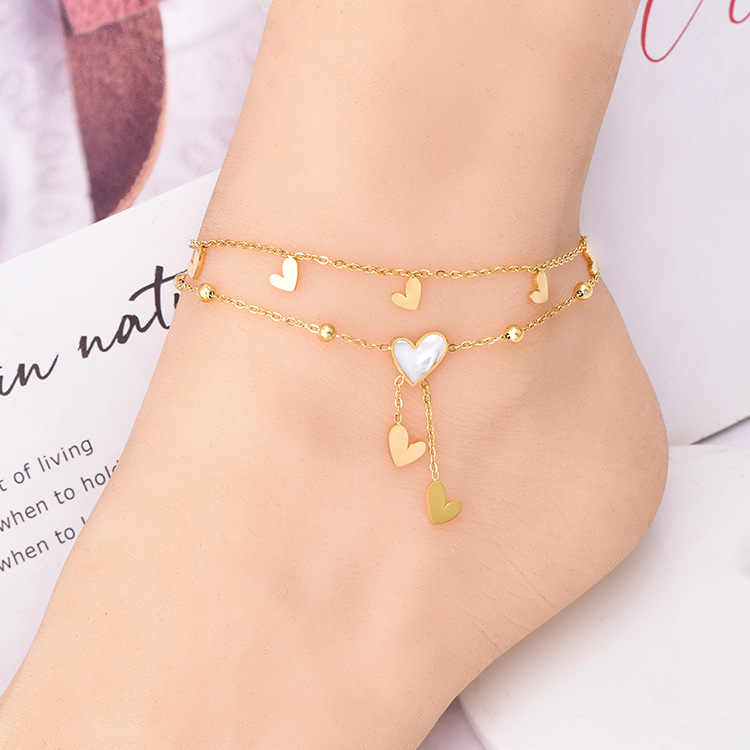 Korean-style white shell love tassel anklet youthful vitality girls' jewelry does not fade titanium steel anklet gold
