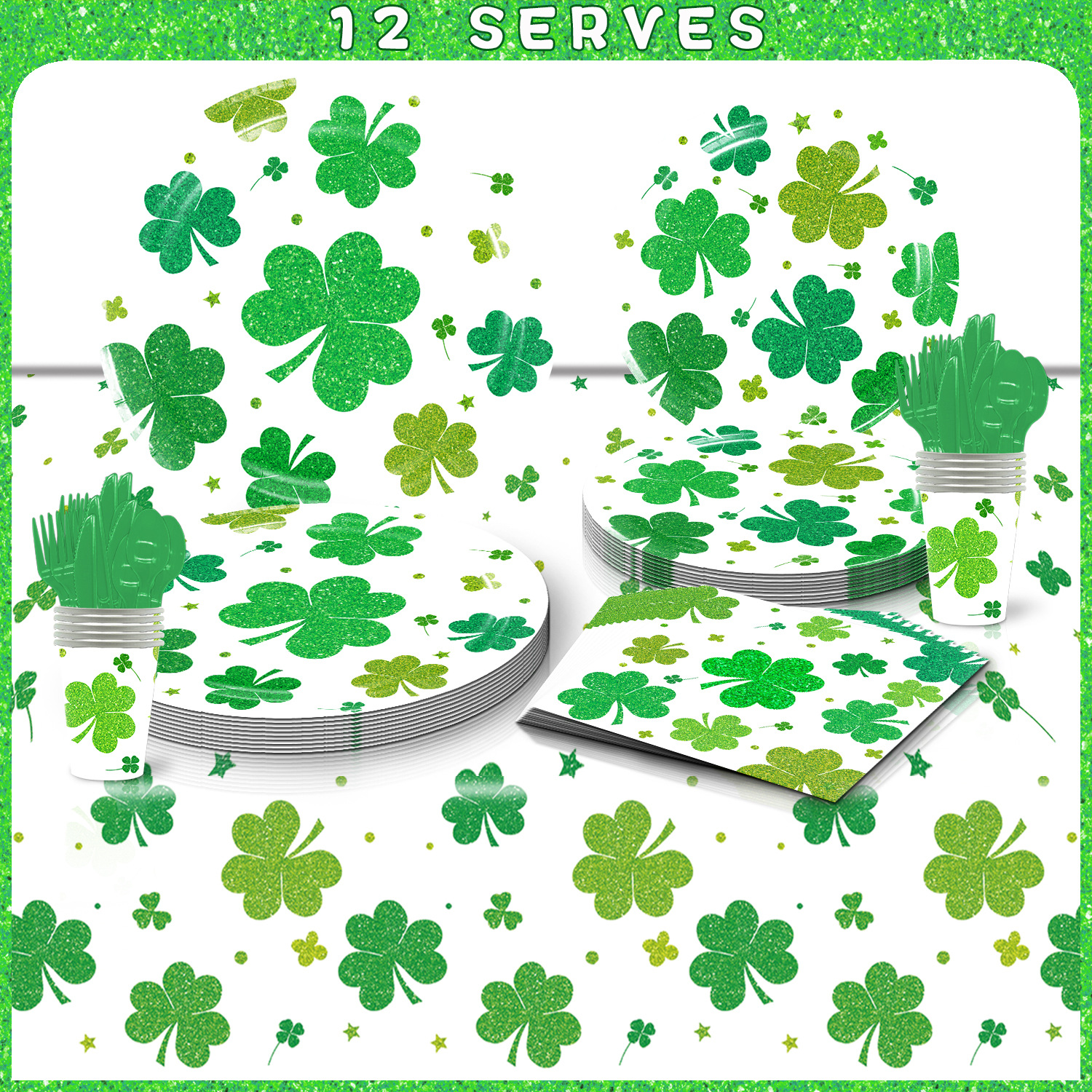 St Patrick Clover theme holiday decoration disposable party paper plate tissue tablecloth tableware for 12 people