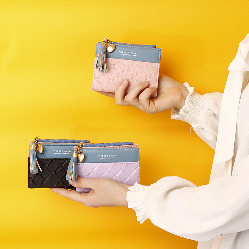 2022 Nueva billetera corta con cremallera para mujer, estilo coreano, con borlas, monedero sencillo que combina con todo, bolso de mano para mujer_voghion.com