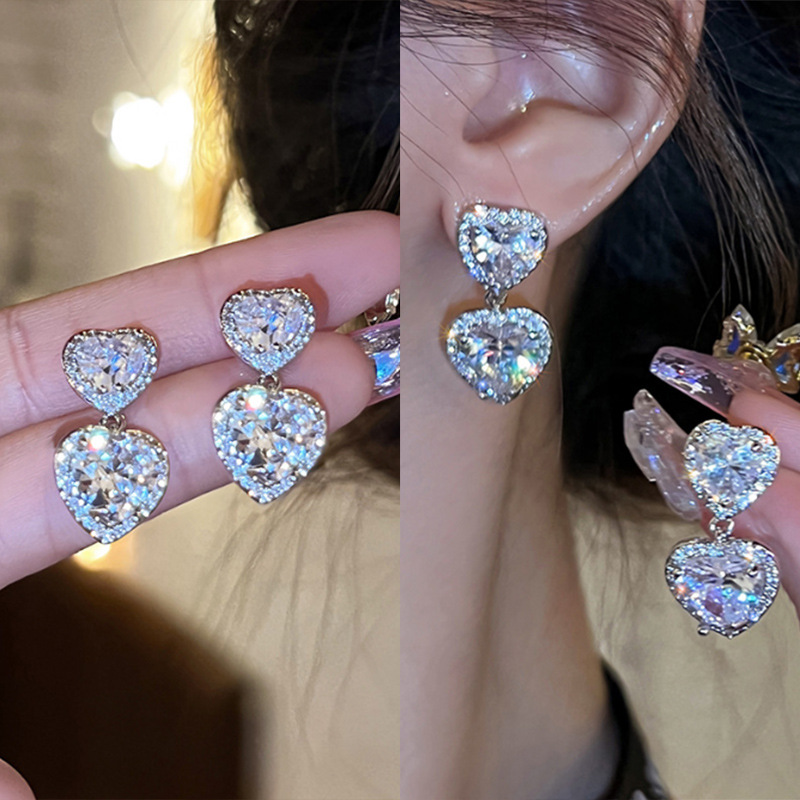 S925銀超閃愛心鋯石耳釘女輕奢小眾設計高級感耳環氣質百搭耳飾