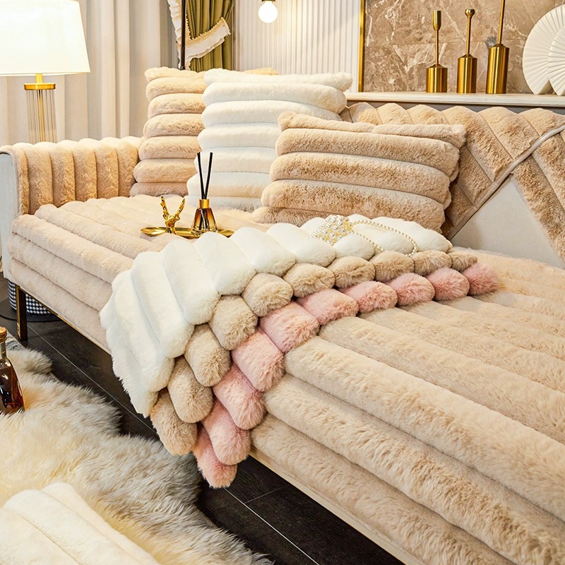 Cushioned Winter Sofa Cushion High-grade Rabbit Fur Non-slip Thickened Plush Sofa Cover Light Luxury Cushion Cover Towel Winter Style