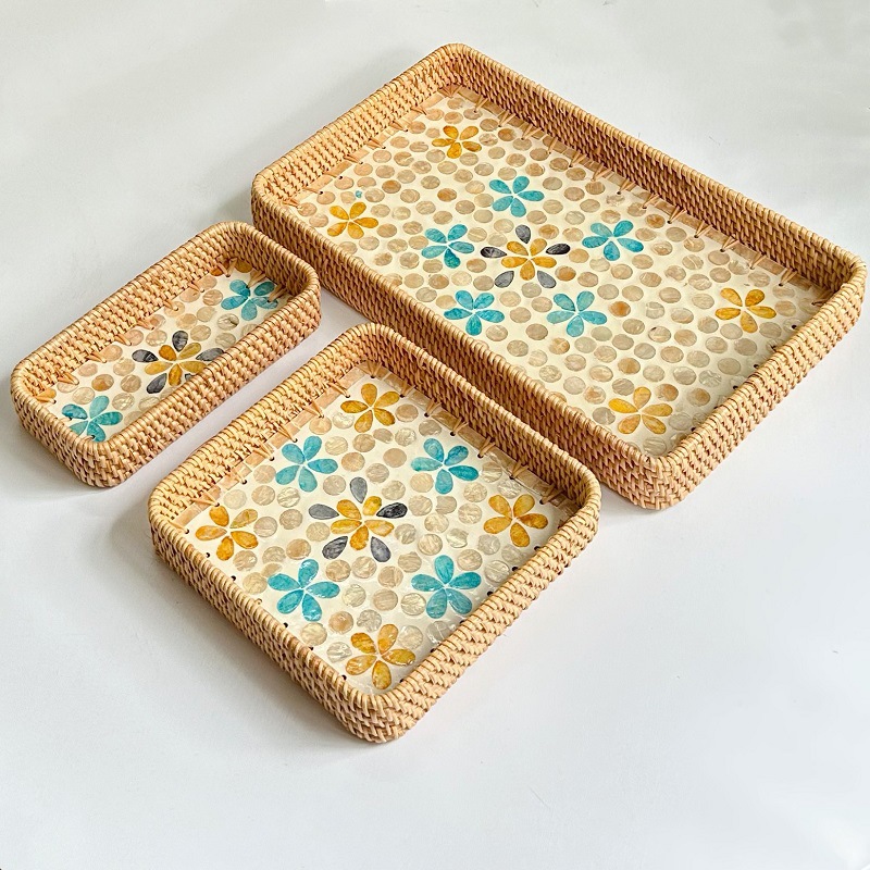 Vietnam rattan shell tray fruit plate rectangular tray household living room dining room light luxury storage basket storage tray