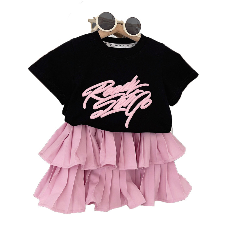 2024 summer children's clothing baby girl suit short-sleeved thin section children's T-shirt skirt pants two-piece set dropshipping