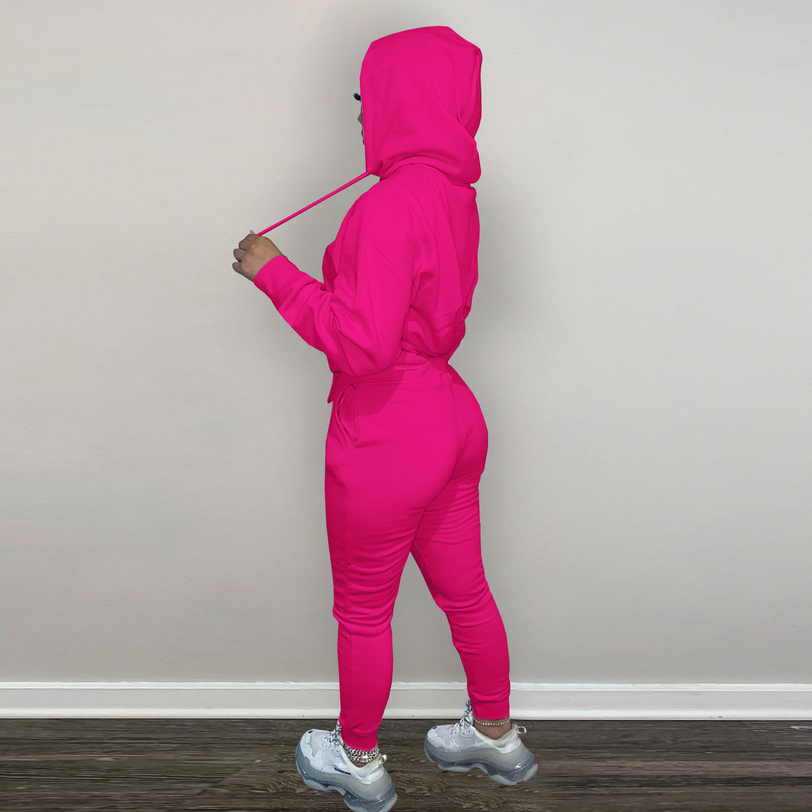 HR8197 European and American women's clothing  independent station supply autumn and winter plus velvet drawstring hooded two-piece set_voghion.com