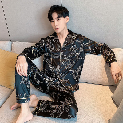 New Arrival Pajamas Men's Ice Silk Long Sleeve Cardigan Lapel Emulation Silk Plus Large Size Home Suit Outfit