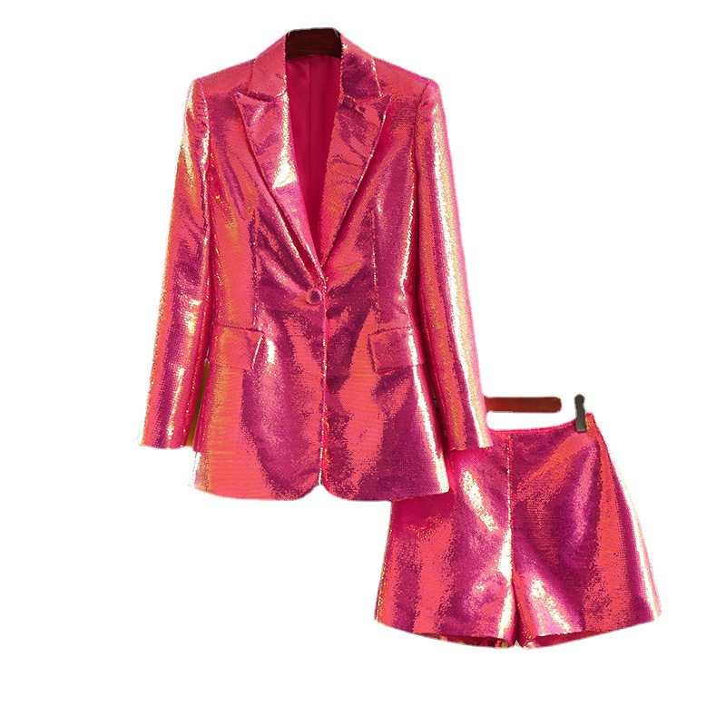 Jarní a letní sako s růžovými flitry, elegantní blikající BLING, módní dvoudílná sada_voghion.com