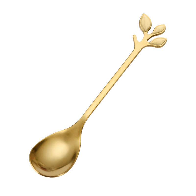 不锈钢树叶勺子创意金色树叶叉子咖啡长柄搅拌勺甜品勺水果叉刀子