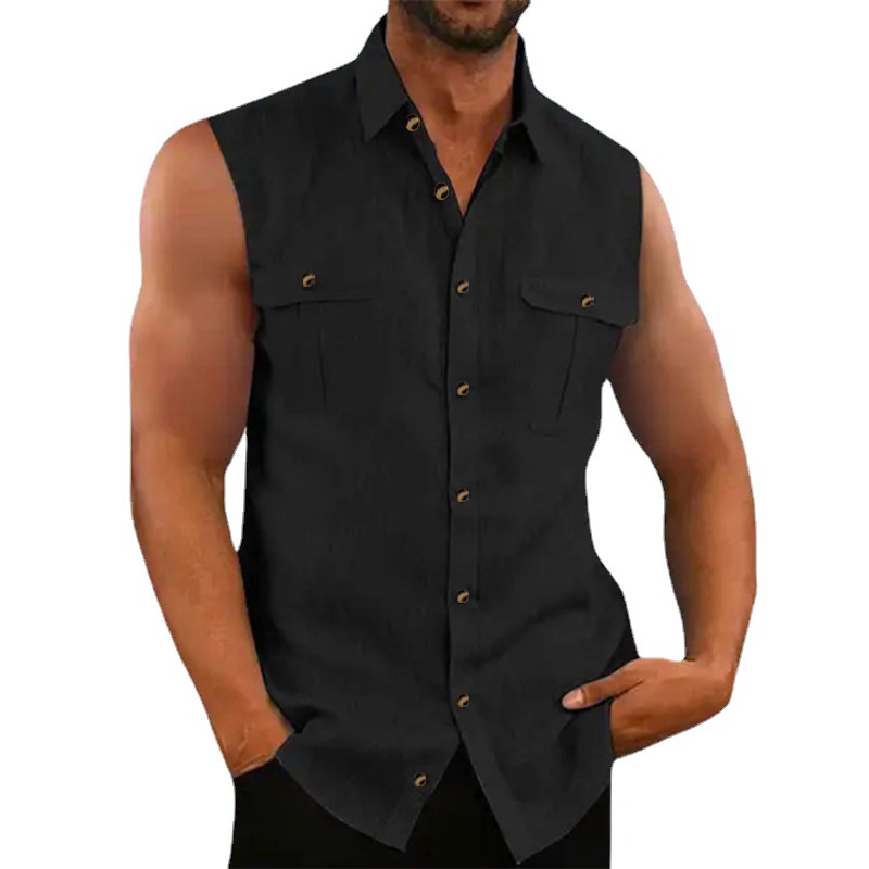 European and American cross-border Men's cotton and linen solid color cotton and linen sleeveless shirt 2023 men's fashionable simple multi-color washed cotton shirt