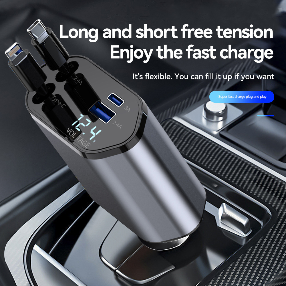 Car dual-line charger 120W super fast charging telescopic line four-in-one car cigarette lighter PD fast charging