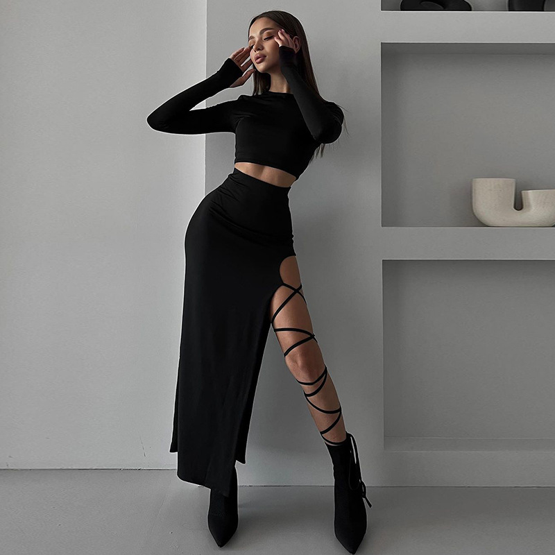 XY23461 Summer Sexy Spice Girl Long-sleeved Short Cropped Top High Waist Strap Split Long Dress for suit Women