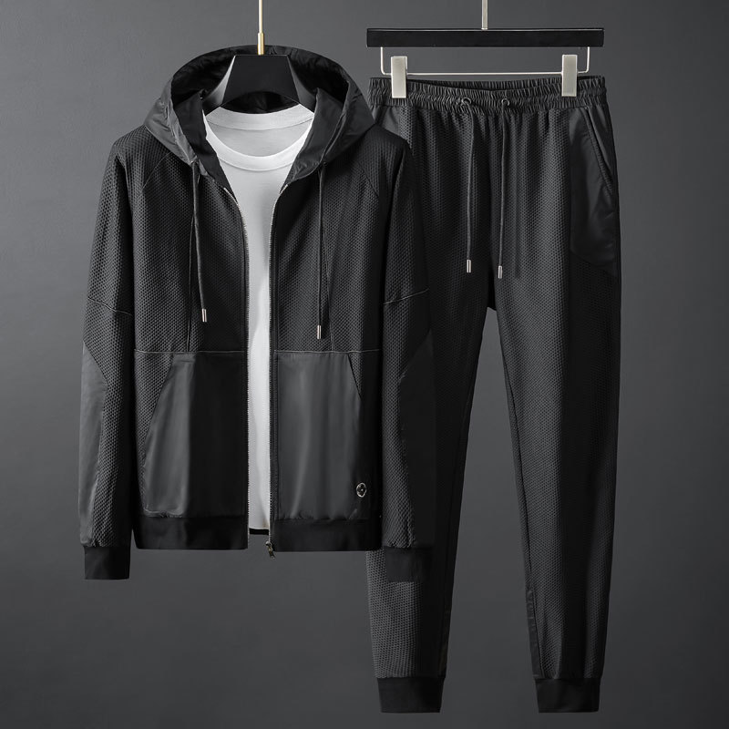 2024 Spring and Autumn New Sports Leisure suit Men's Honeycomb Mesh Elastic Slim-fit Hooded Fashion Two-piece Set for Men