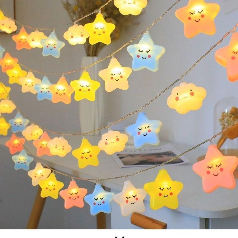 LED Creative White Clouds Smile Clouds Star Light String Children's Bedroom Tent Birthday Decoration Battery Clouds Hanging Light