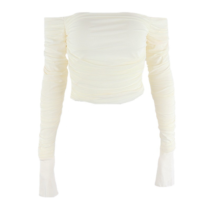 Foreign Trade Amazon Autumn New European and American Hot Sexy Shoulder Slim Fit Mesh Horn Sleeve Long Sleeve Navel T-shirt