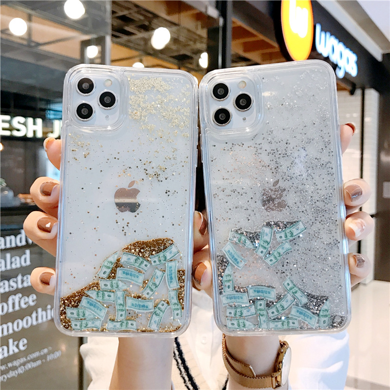 適用iPhone15ProMax手機殼蘋果14美金美元流沙殼液體閃粉保護套13