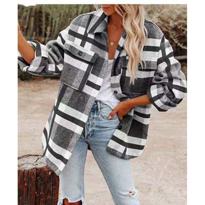 Cross-border 2022 independent station wish Amazon explosions autumn and winter long sleeve loose plaid shirt woolen coat women