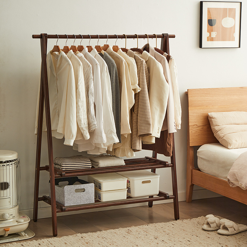 Beech Double-layer Hanger Floor Bedroom Doorway Storage Coat Rack Simple Folding Multifunctional Vertical Storage Rack