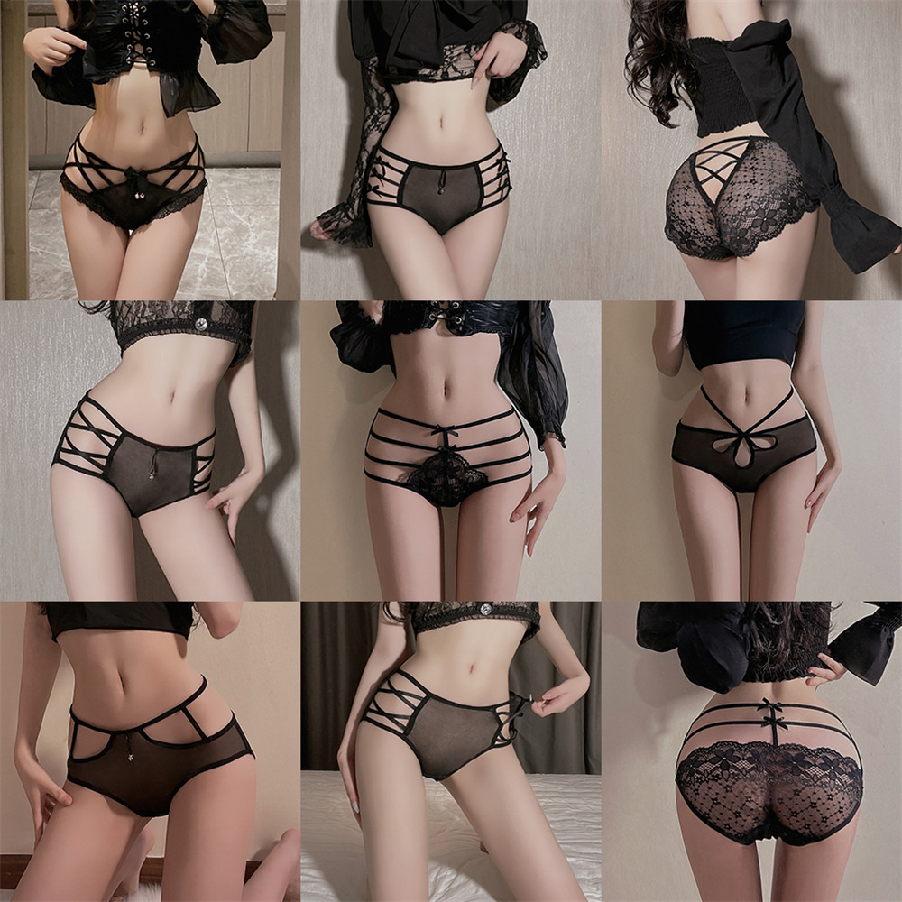 Popular Black comfortable series women's lace underwear Bell pure cotton antibacterial crotch hollow high elastic high waist XL size#