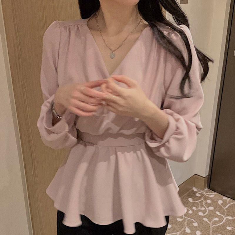 Spring and Summer Chiffon Shirt Women's Korean-style Design Sense New Elegant V-neck Elegant Tight Waist Lace-up Long Sleeve Shirt Top