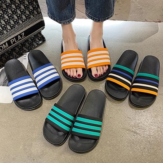 Classic striped couple slippers women's fashion brand three-line slippers plus size slippers men's soft bottom Korean style home fashion outerwear