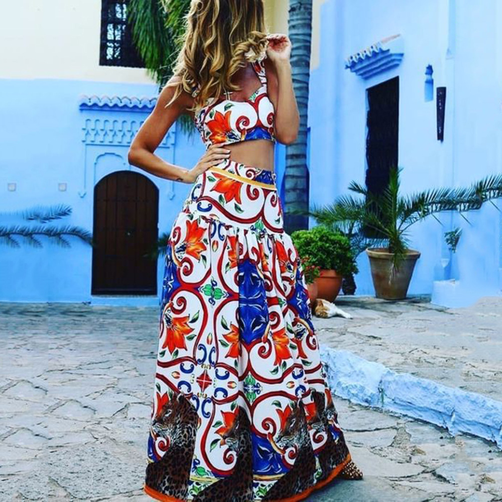 2024 cross-border spring and summer new European and American women's clothing sexy temperament strap printing dress suit beach dress two-piece suit