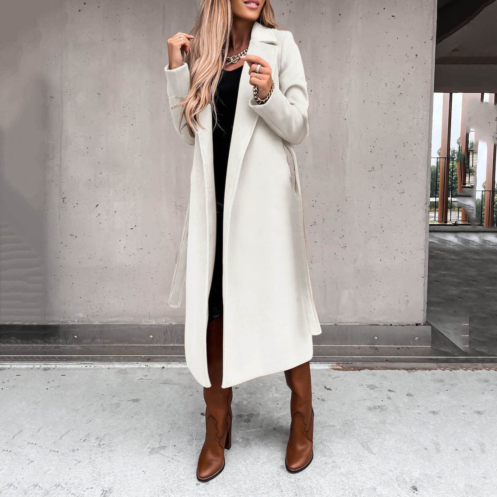 2023 cross-border Amazon European and American autumn and winter women's clothing solid color lapel long sleeve woolen coat simple bandage windbreaker