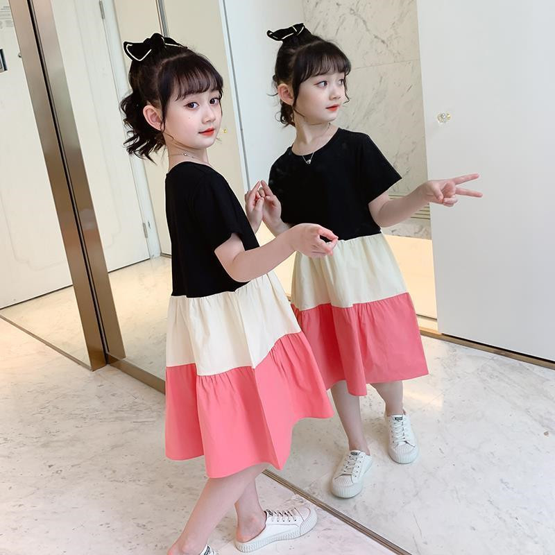 2023 New Summer Girls Dress Splicing Skirt Big Children Summer Western Style Fairy Short Sleeve Girl Princess Dress Trendy