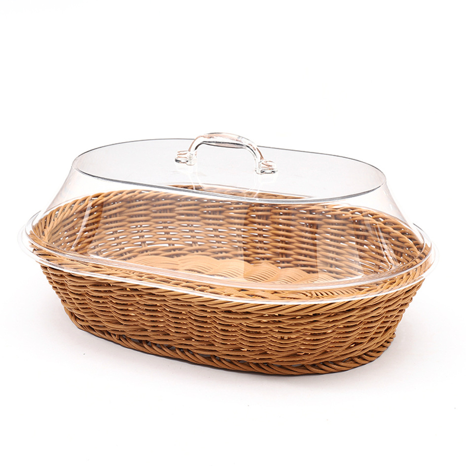 Imitation Rattan Bread Basket Vegetable Draining Basket Dried Fruit Plate with Acrylic Lid Oval Hand-woven Basket Acrylic Anti-woven