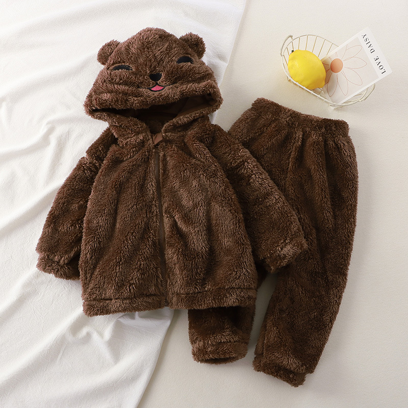 Children's autumn and winter New flannel hooded home wear suit boys and girls baby cute woolen sweater children's pajamas