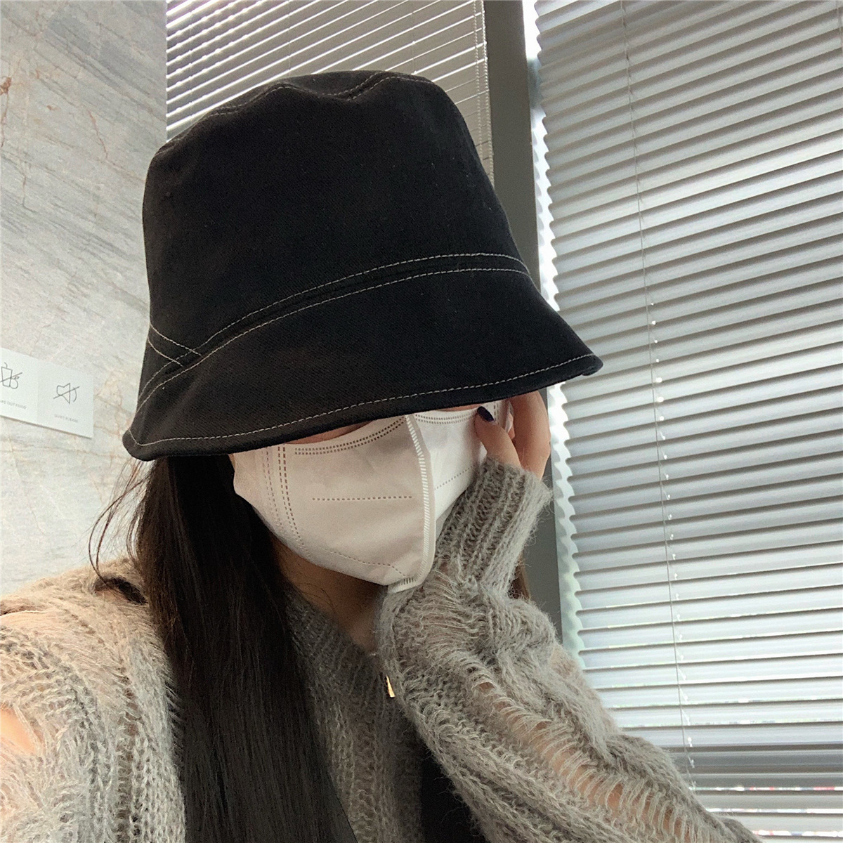 水桶帽女春夏顯臉小日系明線小邊短檐自閉漁夫帽小眾遮臉防曬帽子