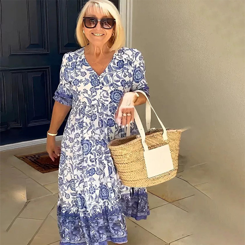 Summer 2023 Amazon Foreign Trade Elegant Commuter Long Floral Tie-Dye Printed Large Size Loose All-match Dress for Women