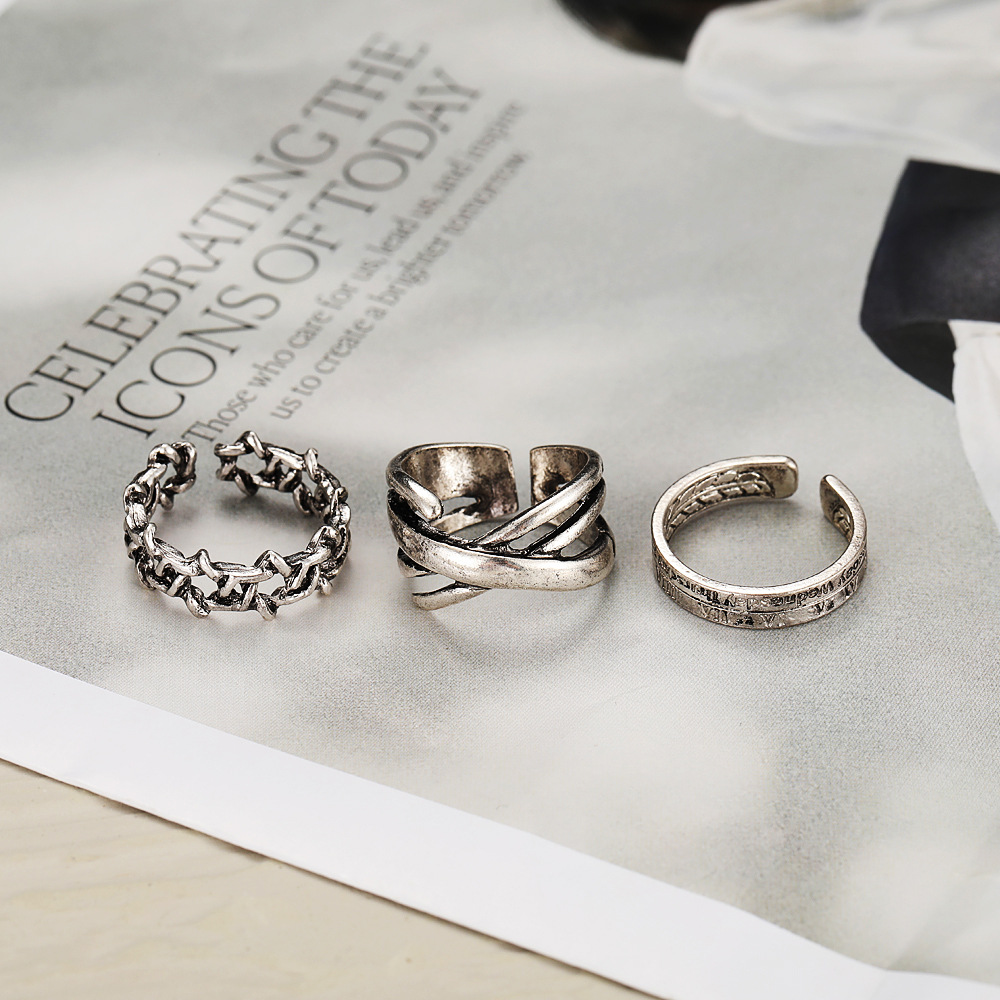 Hip Hop Cold Wind Ring 3-piece Set Personalized Open Finger Ring Six-pointed Star Retro Joint Ring Tail Ring_voghion.com