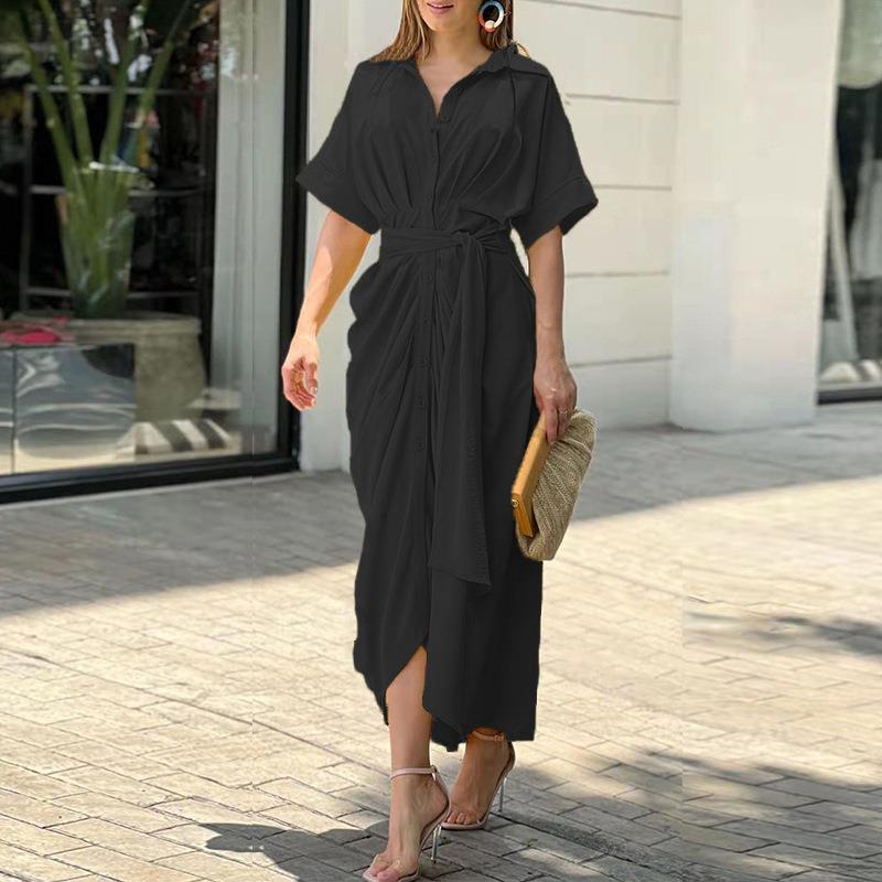 Amazon 2025 New European and American Women's Lace-up Waist Short-sleeved Single-breasted Solid Color Shirt European and American dress Women