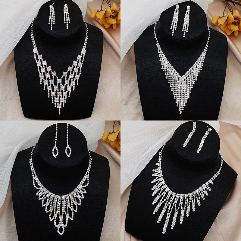 Factory direct rhinestone necklace, bride wedding dress full of diamond earrings set chain, dinner party accessories necklace wholesale