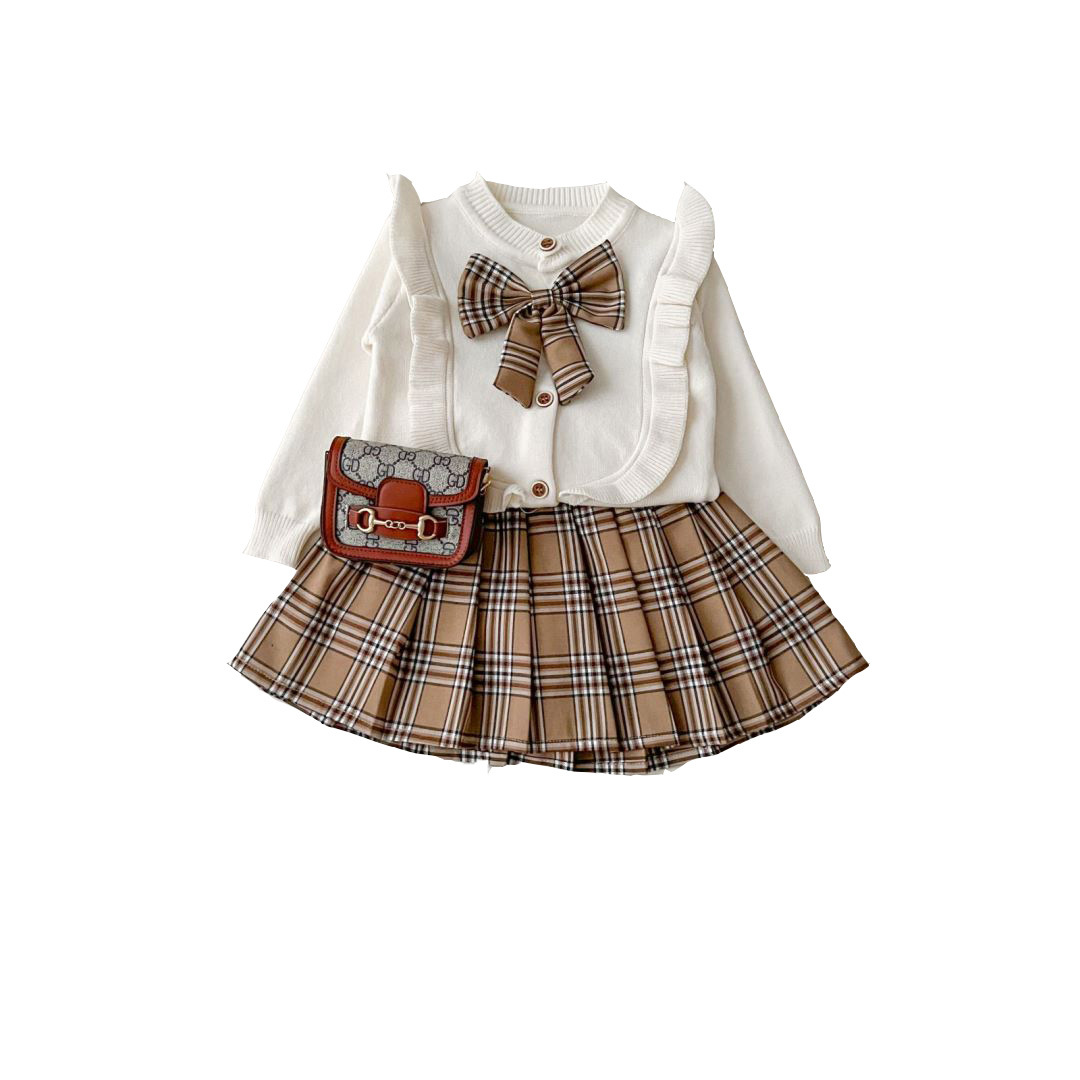 Foreign Trade Girls' Suit 2023 New Children's Spring Western Style Fragrant Style Knitted Plaid Pleated Skirt Two-piece Set Korean