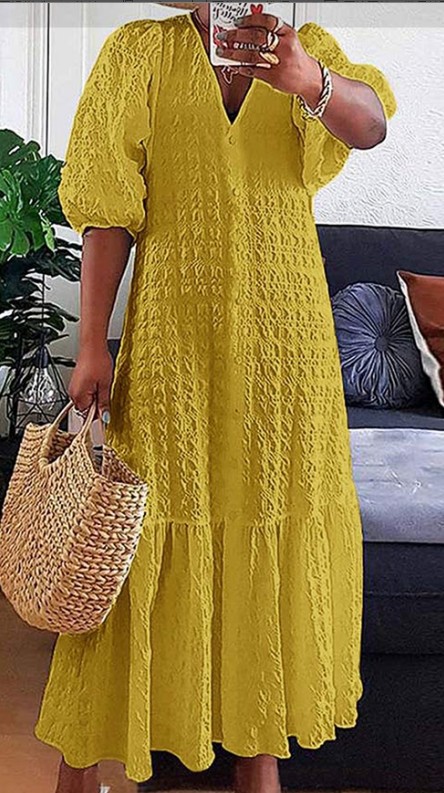 Amazon 2023 Summer Hot Sale New Arrival Tatting Solid Color V-Neck Button Pleated Loose Casual Dress