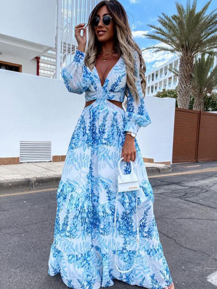 2023 Amazon European and American Fashion Women's Spring New Long Printed V-Neck Long Sleeve Elegant Dress