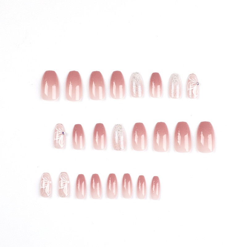 Foreign trade nail piece wholesale Pink Gradient glitter pure want to wear a butterfly rhinestone wear nail piece wholesale finished product