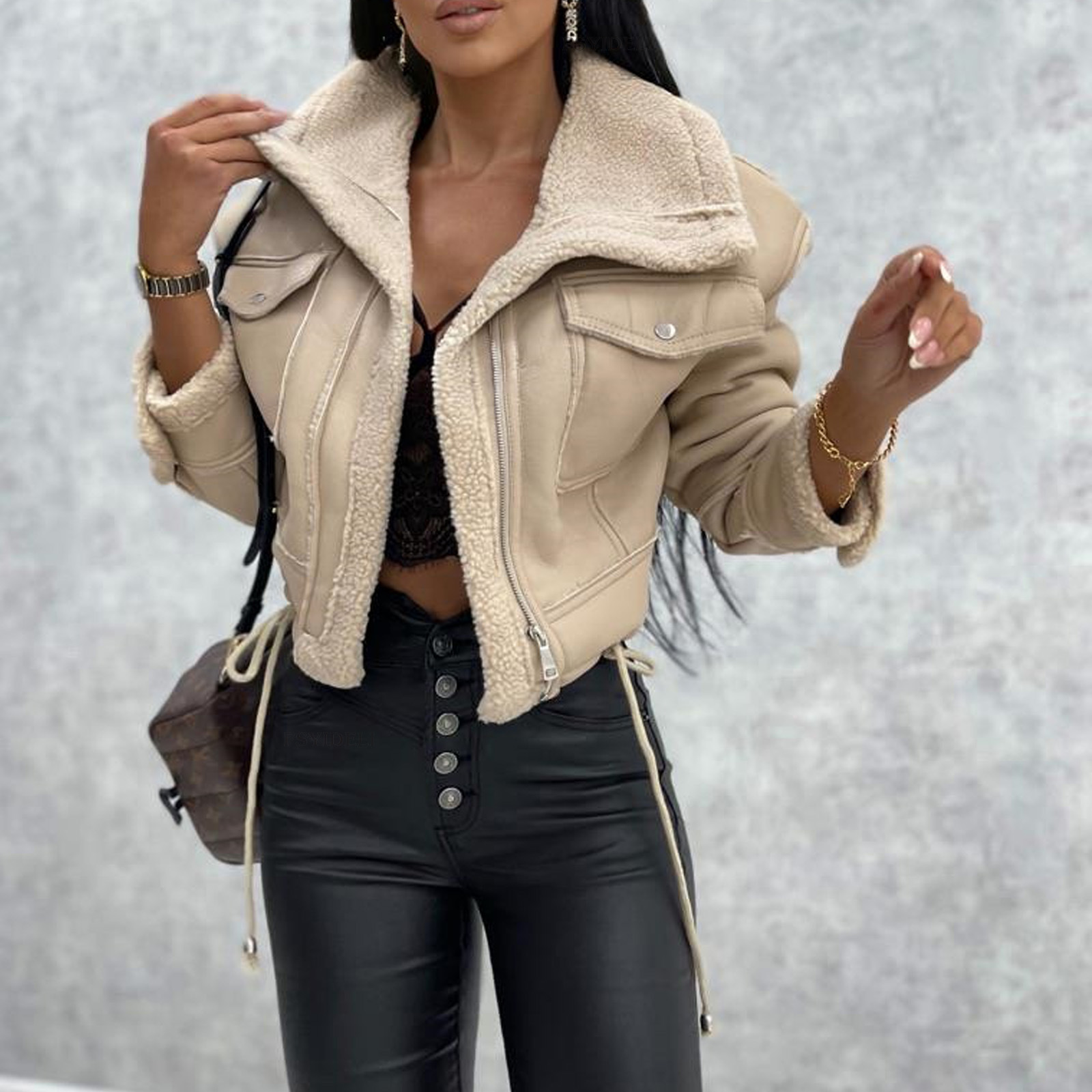 European and American foreign trade women's autumn and winter lamb wool short coat New zipper machine car style jacket women's SU3120