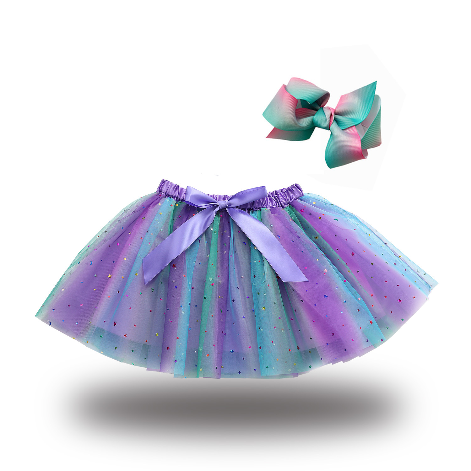 Girl's Bust Skirt with Lining Convex Skirt with Bow Hairpin Star Moon Mesh Tutu Skirt Children's Wear
