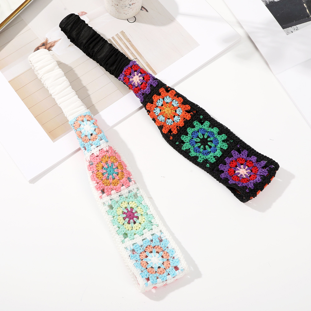 Summer Retractable Knitted Flower Hair Band Hollow Thin Wide-brimmed Hair Pressure Non-slip Elastic Headband Women's Hair Accessories Headscarf