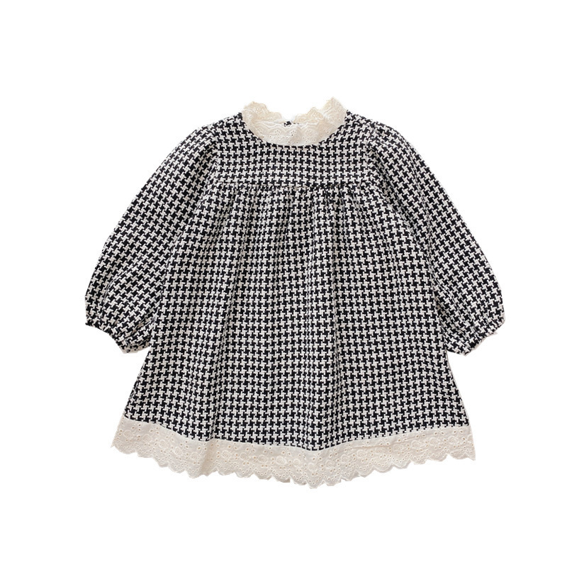 Children's 2023 Spring and Autumn New Girls' Houndstooth Lace Princess Long Sleeve Chanel Style Baby Girl Dress