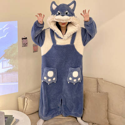 Coral velvet big gray wolf one-piece pajamas women's winter thickened hooded cute plus size loose cartoon home wear