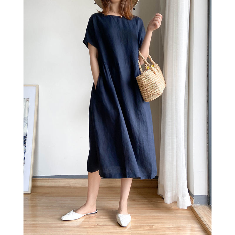 Simple Literary Style Loose Slimming Look Dress Women's Summer 2024 New Large Size Fat Mm Mid-length Skirt
