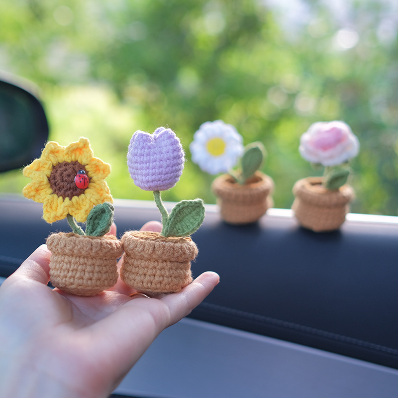 手作りニット DIY ミニ鉢植えかぎ針編み糸ひまわり車のインテリアダッシュボード装飾飾り女性用|undefined