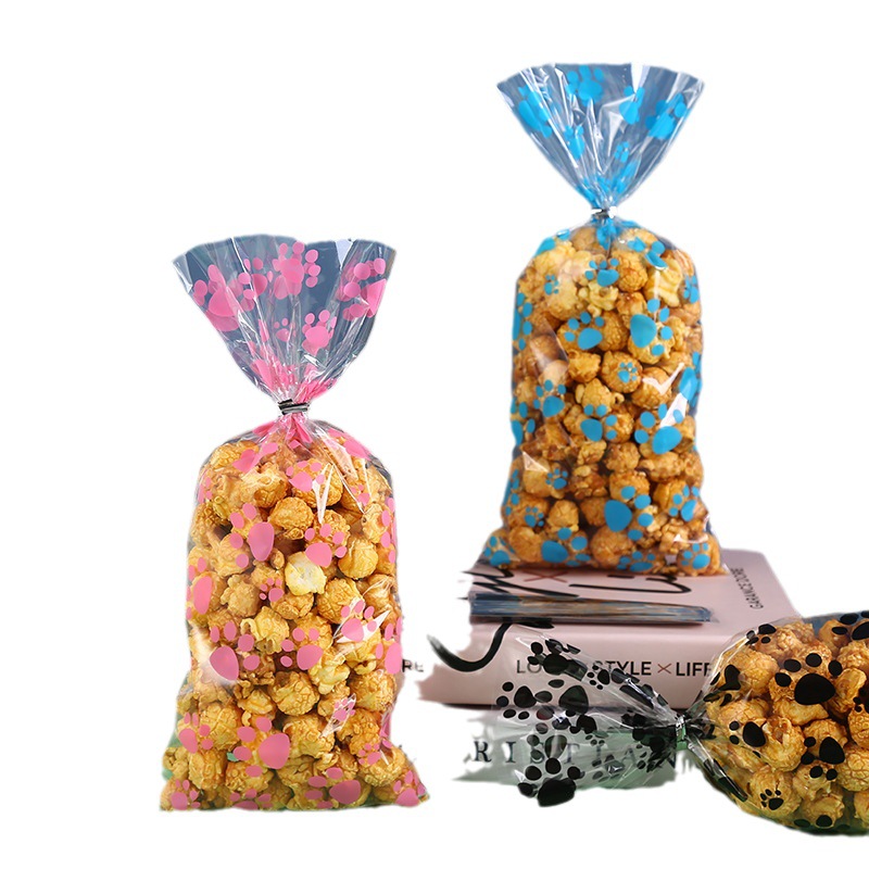 Cartoon dog paw print transparent opp bag plastic candy biscuit dessert packaging bag flat tie silk sealing bag
