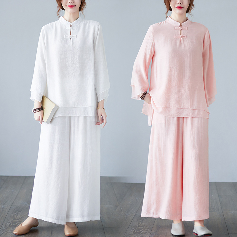 One-piece delivery 2023 Autumn New Chinese style buckle top wide leg pants two-piece long sleeve yoga clothes suit