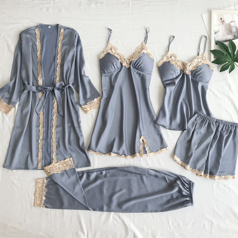 Cross-border supply imitation silk pajamas sexy underwear five-piece sling women's home clothes bathrobe robe large size wholesale