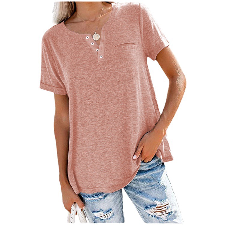 Amazon Independent Station Foreign Trade Europe and the United States Cross-border Spring and Summer New Top V-neck Short Sleeve Pocket Loose T-shirt Women