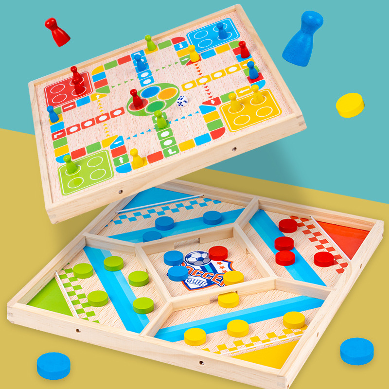 Wooden Two-Player Battle Pumple Chess Parent-Child Interactive Children's Table Game 2-in -1 Multifunctional Flying Chess Toy